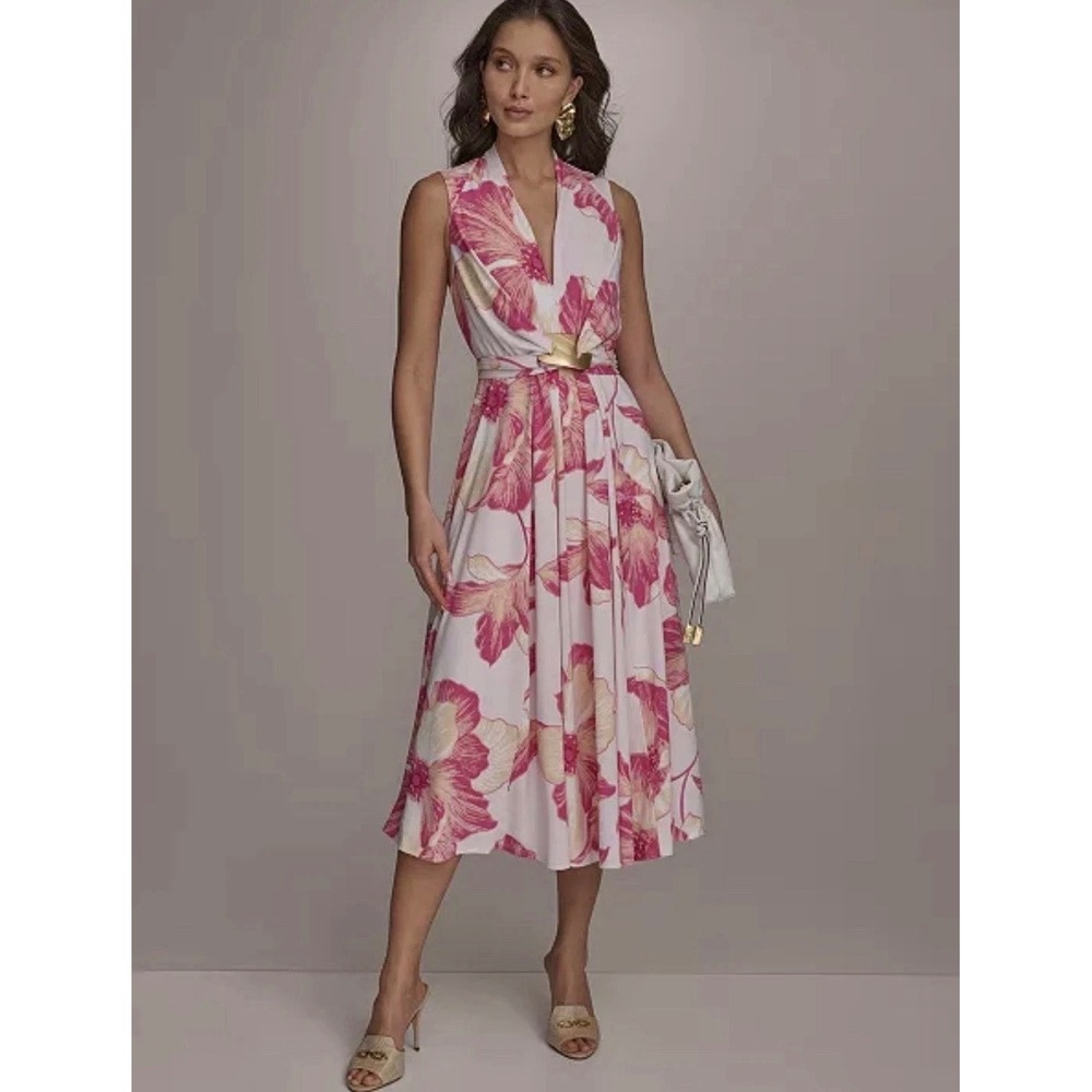 Donna Karan New York Pink Floral V-Neck Midi Dress with Gold Hardware 6P NEW